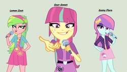 Size: 1186x674 | Tagged: safe, artist:pandastale, lemon zest, sour sweet, sunny flare, equestria girls, g4, my little pony equestria girls: friendship games, my little pony equestria girls: rainbow rocks, alternate universe, battle of the bands, recolor