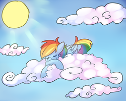 Size: 2500x2000 | Tagged: safe, artist:byspot, rainbow dash, g4, cloud, crepuscular rays, female, high res, prone, sleeping, solo