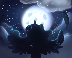 Size: 2000x1600 | Tagged: safe, artist:byspot, princess luna, g4, cloud, feather, female, flying, moon, night, rear view, solo, stars