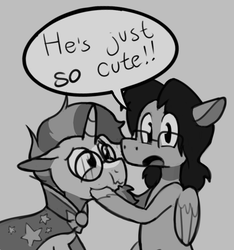 Size: 755x807 | Tagged: safe, artist:enma-darei, sunburst, oc, oc:mortimer hooves, pegasus, pony, unicorn, g4, :t, cute, facial hair, floppy ears, glasses, goatee, looking at you, male, monochrome, open mouth, scrunchy face, speech bubble, squishy cheeks, stallion, truth, wavy mouth, wide eyes