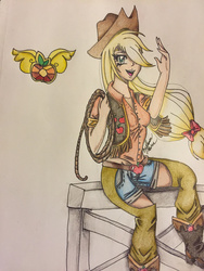 Size: 1024x1365 | Tagged: safe, artist:bpdmommy, applejack, human, g4, chaps, clothes, element of honesty, female, humanized, rope, shirt, shorts, solo, traditional art, vest