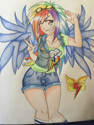 Size: 1024x1365 | Tagged: safe, artist:bpdmommy, rainbow dash, human, g4, clothes, element of loyalty, female, goggles, grin, humanized, shorts, smiling, solo, t-shirt, traditional art, vest, winged humanization, wink