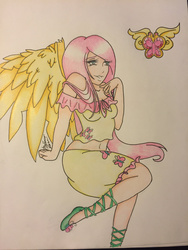 Size: 1024x1365 | Tagged: safe, artist:bpdmommy, fluttershy, human, g4, belly button, clothes, element of kindness, female, humanized, midriff, shoes, shoulderless, simple background, skirt, solo, traditional art, winged humanization