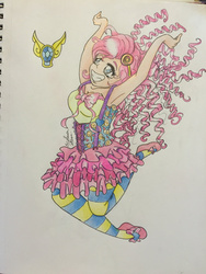 Size: 1024x1365 | Tagged: safe, artist:bpdmommy, pinkie pie, human, g4, armpits, clothes, element of laughter, female, grin, humanized, jumping, pantyhose, shirt, shoes, simple background, skirt, smiling, socks, solo, striped socks, suspenders, traditional art