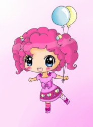 Size: 433x588 | Tagged: safe, artist:julianime, pinkie pie, human, g4, balloon, blushing, bow, chibi, female, humanized, open mouth, solo