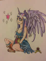 Size: 1024x1365 | Tagged: safe, artist:bpdmommy, twilight sparkle, human, g4, big crown thingy, book, boots, clothes, converse, dress, element of magic, female, horn, horned humanization, humanized, jewelry, regalia, shoes, sitting, solo, traditional art, twilight sparkle (alicorn), winged humanization