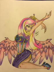 Size: 1024x1365 | Tagged: safe, artist:bpdmommy, princess cadance, human, g4, armpits, clothes, dress, female, horn, horned humanization, humanized, kneeling, simple background, skirt, solo, traditional art, winged humanization