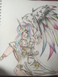 Size: 1024x1365 | Tagged: safe, artist:bpdmommy, princess celestia, human, g4, clothes, dress, female, horn, horned humanization, humanized, solo, traditional art, winged humanization