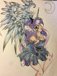 Size: 1024x1365 | Tagged: safe, artist:bpdmommy, princess luna, human, g4, female, horn, horned humanization, humanized, moon, simple background, solo, traditional art, winged humanization