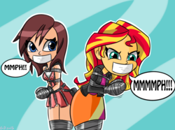 Size: 1024x762 | Tagged: safe, artist:gaggeddude32, sunset shimmer, human, equestria girls, g4, bondage, breasts, clothes, crossover, damsel in distress, disney, dress, duct tape, female, gag, help us, jacket, kairi, kingdom hearts, leather jacket, muffled moaning, skirt, tape gag, tied up