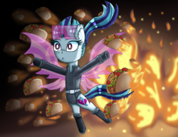 Size: 1680x1300 | Tagged: safe, artist:polishcrossoverfan, sonata dusk, hybrid, pony, siren, equestria girls, g4, my little pony equestria girls: rainbow rocks, equestria girls ponified, explosion, female, food, ponified, redraw, siren pony, siren wings, solo, sonataco, spy, taco