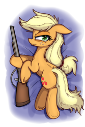 Size: 1000x1501 | Tagged: safe, artist:heir-of-rick, applejack, earth pony, pony, daily apple pony, g4, body pillow, body pillow design, female, gun, looking at you, pillow, shotgun, solo, weapon