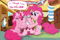 Size: 1625x1074 | Tagged: safe, artist:ultrathehedgetoaster, pinkie pie, the clone that got away, g4, too many pinkie pies, clone, dialogue, diane, hug, necktie, pinkie clone, sugarcube corner