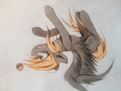 Size: 1024x768 | Tagged: safe, artist:dashermeow, derpy hooves, pegasus, pony, g4, falling, female, food, mare, muffin, open mouth, solo, traditional art, upside down