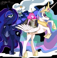 Size: 409x416 | Tagged: safe, artist:waiitako, princess celestia, princess luna, pony, g4, adventure time, crossover, humans riding ponies, ice queen, male, princess bubblegum, riding, royal sisters