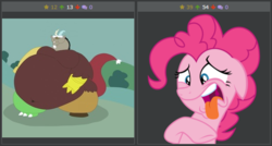 Size: 515x276 | Tagged: safe, artist:sketchmcreations, artist:werewolfstuffer, discord, pinkie pie, derpibooru, g4, spice up your life, belly, belly button, bhm, big belly, dark theme, disgusted, fat, fatcord, floppy ears, juxtaposition, juxtaposition win, meme, meta, moobs, morbidly obese, obese, open mouth, raised hoof, simple background, tongue out, vector