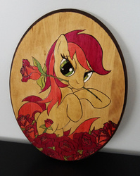 Size: 900x1132 | Tagged: safe, artist:cyle, roseluck, pony, g4, craft, female, flower, flower in mouth, mare, mouth hold, pyrography, rearing, rose, solo, traditional art, woodwork