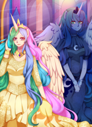 Size: 2400x3303 | Tagged: safe, artist:kamikotody, princess celestia, princess luna, human, g4, clothes, crepuscular rays, dress, duo, high res, horn, horned humanization, humanized, pony coloring, smiling, winged humanization, wings