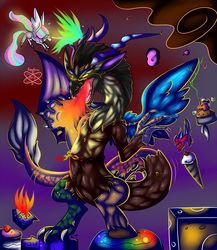 Size: 1500x1732 | Tagged: safe, artist:sapphirus, discord, princess celestia, g4, fire, fire breath, firebreathing