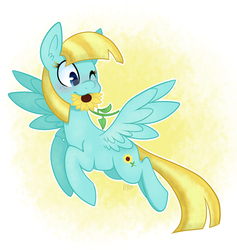 Size: 1024x1081 | Tagged: safe, artist:saber-panda, helia, pegasus, pony, g4, female, flying, mouth hold, solo, sunflower