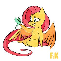 Size: 1280x1280 | Tagged: safe, artist:fluttershythekind, fluttershy, butterfly, pegasus, pony, g4, cute, female, mare, pointy ponies, simple background, sitting, smiling, solo, spread wings, white background, wings
