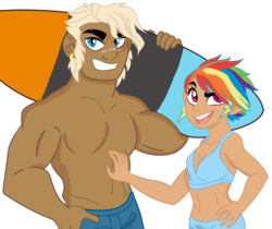 Size: 1101x924 | Tagged: safe, artist:dbkit, dumbbell, rainbow dash, human, g4, belly button, dumbdash, duo, female, humanized, male, midriff, shipping, simple background, straight, surfboard, transparent background