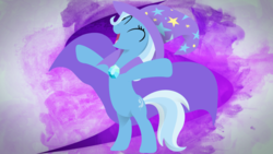 Size: 1024x576 | Tagged: safe, artist:shelmo69, artist:spntax, trixie, pony, unicorn, g4, cape, clothes, eyes closed, female, mare, minimalist, smiling, trixie's hat, upright, vector, wallpaper