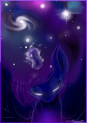 Size: 2507x3541 | Tagged: safe, artist:monochromacat, princess luna, g4, dark, eyes closed, female, galaxy mane, high res, magic, one layer, signature, solo, space