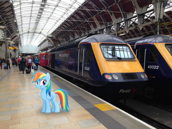 Size: 3264x2448 | Tagged: safe, artist:mrlolcats17, artist:uponia, rainbow dash, human, g4, class 43, england, high res, high speed train, hst, irl, london, luggage, photo, platform, ponies in real life, solo, train station, united kingdom, vector