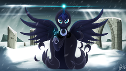 Size: 1920x1080 | Tagged: safe, artist:jphyperx, princess luna, spirit of hearth's warming yet to come, a hearth's warming tail, g4, cloak, clothes, female, magic, snow, snowfall, solo