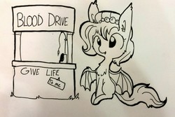 Size: 1280x855 | Tagged: safe, artist:tjpones, oc, oc only, oc:brownie bun, bat pony, pony, vampire, bat ponified, blood donation, chest fluff, cute, ear fluff, fangs, fluffy, lineart, looking at you, monochrome, race swap, seems legit, sitting, smiling, solo, spread wings, traditional art