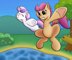 Size: 2400x2000 | Tagged: safe, artist:riscke, scootaloo, sweetie belle, g4, high res, smiling, underhoof