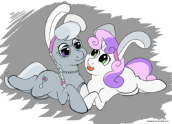 Size: 2400x1742 | Tagged: safe, artist:riscke, silver spoon, sweetie belle, g4, bunny ears, female, glasses, jewelry, lesbian, necklace, open mouth, ship:silverbelle, shipping