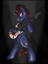 Size: 2660x3560 | Tagged: safe, artist:stormblaze-pegasus, oc, oc only, oc:denz xavier, pony, bipedal, electric guitar, guitar, high res, hoof hold, male, musical instrument, solo