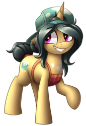 Size: 2057x3000 | Tagged: safe, artist:shinodage, fresh coat, pony, unicorn, g4, spice up your life, apron, backwards ballcap, clothes, cute, female, floppy ears, hat, high res, mare, paint, paint on fur, raised hoof, simple background, smiling, solo, transparent background