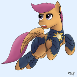 Size: 2000x2000 | Tagged: safe, artist:riscke, scootaloo, g4, armor, female, high res, open mouth, simple background, solo
