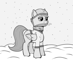 Size: 2400x2000 | Tagged: safe, artist:riscke, scootaloo, g4, clothes, female, grayscale, high res, monochrome, scarf, snow, snowfall, solo, sweater