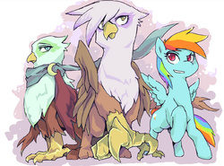 Size: 1100x812 | Tagged: safe, artist:tyuubatu, gilda, greta, rainbow dash, griffon, g4, clothes, scarf, trio