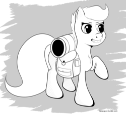 Size: 2109x1920 | Tagged: safe, artist:riscke, scootaloo, g4, female, grayscale, monochrome, saddle bag, solo