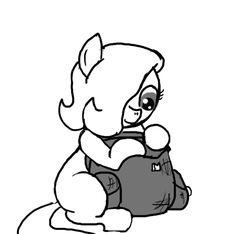 Size: 640x600 | Tagged: safe, artist:ficficponyfic, oc, oc only, oc:emerald jewel, earth pony, pony, colt quest, bag, blank flank, child, colt, cute, foal, hair over one eye, male, searching, smiling, story included