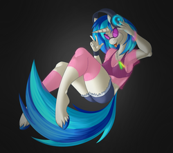 Size: 4050x3600 | Tagged: safe, artist:itsuko103, dj pon-3, vinyl scratch, anthro, unguligrade anthro, g4, armpits, bra, clothes, female, fishnet stockings, headphones, open mouth, shorts, solo, sunglasses, tongue out, underwear
