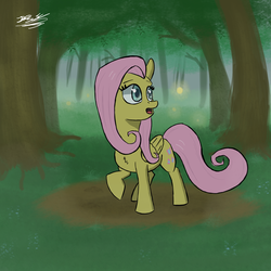 Size: 1700x1700 | Tagged: safe, artist:hypno, fluttershy, g4, female, forest, looking back, solo