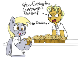 Size: 1280x937 | Tagged: safe, artist:pabbley, derpy hooves, gourmand ramsay, pegasus, pony, g4, angry, bipedal, cute, eating, female, food, gordon ramsay, mare, muffin, ponified, that pony sure does love muffins, yelling