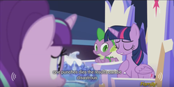 Size: 640x320 | Tagged: safe, artist:mlp-captions, screencap, spike, starlight glimmer, twilight sparkle, alicorn, pony, g4, the cutie re-mark, discovery family logo, meme, s5 starlight, twilight sparkle (alicorn), youtube caption