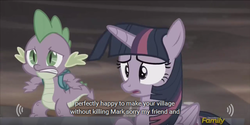 Size: 640x320 | Tagged: safe, artist:mlp-captions, screencap, spike, twilight sparkle, alicorn, dragon, pony, g4, the cutie re-mark, discovery family logo, female, mare, mark, meme, overcast, twilight sparkle (alicorn), youtube caption