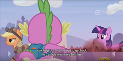 Size: 640x320 | Tagged: safe, artist:mlp-captions, screencap, applejack, spike, twilight sparkle, alicorn, pony, g4, the cutie re-mark, alternate timeline, canada, crystal war timeline, discovery family logo, meme, twilight sparkle (alicorn), youtube caption