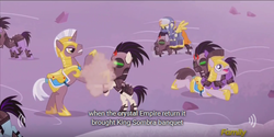 Size: 640x320 | Tagged: safe, artist:mlp-captions, screencap, pony, g4, the cutie re-mark, alternate timeline, banquet, crystal war timeline, discovery family logo, equestrian army, meme, sombra's army, youtube caption
