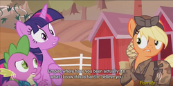 Size: 640x320 | Tagged: safe, artist:mlp-captions, screencap, applejack, spike, twilight sparkle, alicorn, pony, g4, the cutie re-mark, discovery family logo, meme, twilight sparkle (alicorn), youtube caption