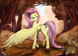 Size: 2634x1891 | Tagged: safe, artist:vinicius040598, fluttershy, g4, autumn, female, forest, profile, solo, spread wings