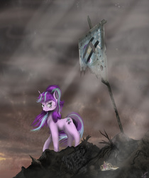 Size: 2643x3144 | Tagged: safe, artist:vinicius040598, starlight glimmer, g4, the cutie map, the cutie re-mark, alternate timeline, ashlands timeline, bad end, banner, barren, big crown thingy, element of magic, equal cutie mark, female, flag of equestria, high res, implied genocide, jewelry, post-apocalyptic, regalia, solo, the bad guy wins, this will end in communism, this will end in death, victorious villain, wasteland